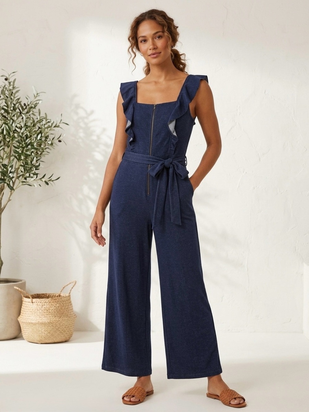 Venus Navy Ruffle Zip Front Belted Ponte Knit Jumpsuit Large Sleeveless